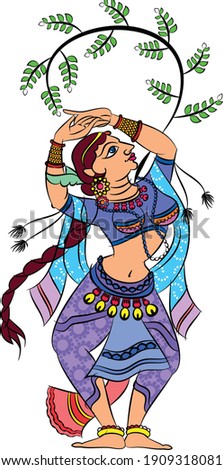 Dancers in Indian palaces drawn in Madhubani, Kalamkari style It can be used for a coloring book, textile fabric prints, phone case, greeting card. logo, calendar