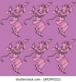 Dancers in Indian palaces drawn in Kalamkari style. It can be used for a coloring book, textile fabric prints, phone case, greeting card. logo, calendar