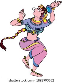 Dancers in Indian palaces drawn in Kalamkari style. It can be used for a coloring book, textile fabric prints, phone case, greeting card. logo, calendar