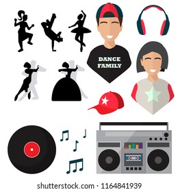 dancers, isolated icons on white background. dance, cap, sheet music, record, tape recorder, headphones