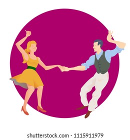 Dancers of  Lindy hop. The man and the woman isolated on purple circular background. Poster for studio of dances. Flyer or element of advertizing. Flat vector illustration of social dance.