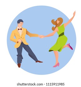 Dancers of  Lindy hop. The man and the woman isolated in a blue circular background. Poster for studio of dances. Flyer or element of advertizing for social dance. Flat vector illustration of people.