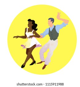 Dancers of  Lindy hop. The man and the woman of different nationalities dance. Poster for studio of dances. Flyer or element of advertizing. Flat vector illustration of people.