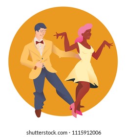 Dancers of  Lindy hop. The man and the woman of different nationalities dance. Poster for studio of dances. Flyer or element of advertizing. Flat vector illustration of people.