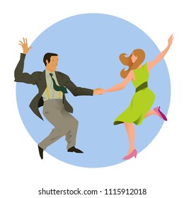 Dancers of  Lindy hop. The man and the woman isolated in a blue circular background. Poster for studio of dances. Flyer or element of advertizing for social dance. Flat vector illustration of people.