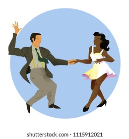 Dancers of  Lindy hop. The man and the woman of different nationalities dance.  Poster for studio of dances. Flyer or element of advertizing. Flat vector illustration of people.