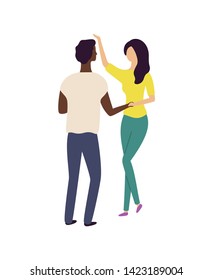 Dancers moving in pair, man and woman holding hands and dancing, back and portrait view of girl and boy, energetic people on dance floor, couple vector