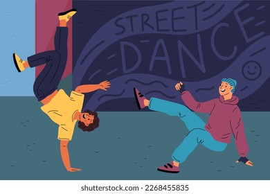 Dancers on street. Young people jumping and move rhythmically to music. Modern style. Hip hop or shuffle choreography. Freestyle dance battle. Outdoor disco show. Garish