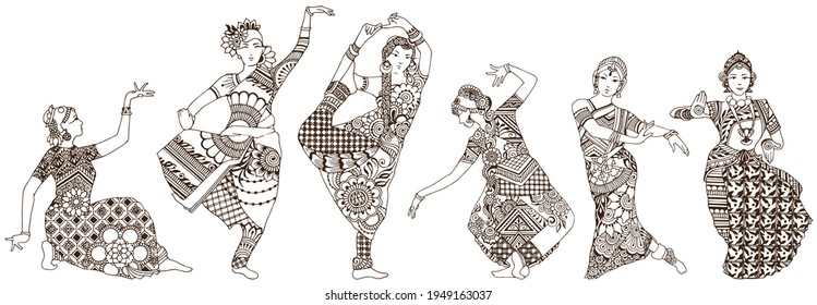 Dancers on a white background. Set of ornate oriental girls drawn in mehndi style.