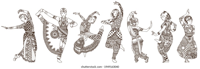 Dancers on a white background. Set of ornate oriental girls drawn in mehndi style.