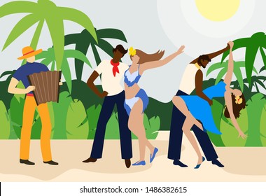 Dancers with Partners Dance. Accordion Playing Man. Brazilian Dance Festival. People Have Fun on Baech. National Holiday of Brazil. Vector Illustration. Slender Body Dancers. Abstract Clothes.