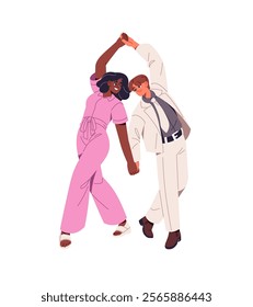 Dancers partners perform with lindy hop. Couple holds hands, dances swing. Performers show choreography elements, figures with music in class. Flat isolated vector illustration on white background