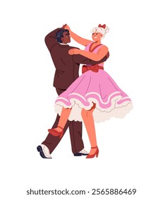 Dancers partners show Lindy hop elements, figures. Couple performs with swing in competition. Professional performers dance, move with music in class. Flat isolated vector illustration on white