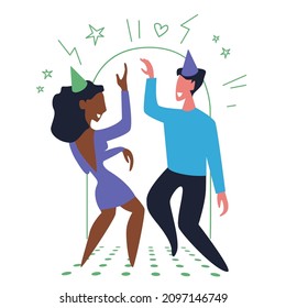 Dancers. People dance on club or music party. Disco dancing happy friends flat vector sketch illustration. Woman and man enjoying relax.
