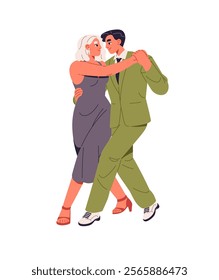 Dancers perform, show with Argentine tango in competition. Couple cuddles during dance, moves with Latin music. Performers, people do choreography in class. Flat isolated vector illustration on white