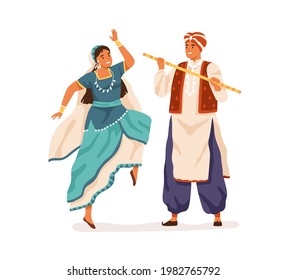 Dancers performing Indian folk dance, Dandiya Raas. Man and woman dancing in traditional costumes of India. Couple in ethnic clothes. Colored flat vector illustration isolated on white background