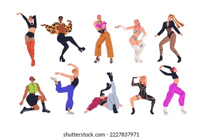 Dancers performing vogue dance. Modern fashion men, women in action, moving to trendy music. Stylish performers and arms, legs movements. Flat vector illustrations isolated on white background