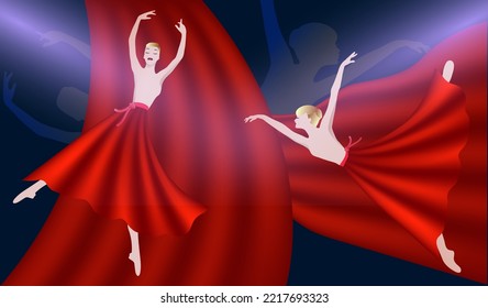 Dancers in red silk . abstract vector illustration