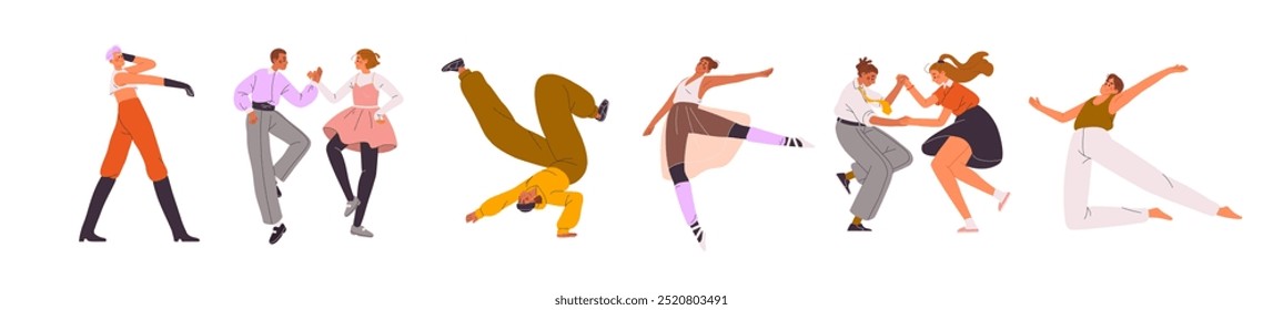 Dancers set. Young artists dance ballet, vogue, twist, lindy, breakdancing. Men and women show by hiphop or jazz. Performers with music performance. Flat isolated vector illustrations on white