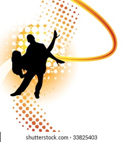 Dancers silhouette on orange halftone background