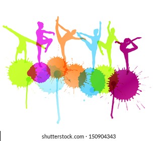 Dancers silhouette vector abstract background concept with ink splashes