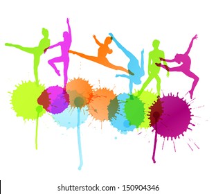 Dancers silhouette vector abstract background concept with ink splashes