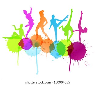 Dancers silhouette vector abstract background concept with ink splashes