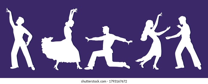 Dancers silhouettes isolated on purple background. Paper cut effect. Latin American, ballroom or Spanish dances