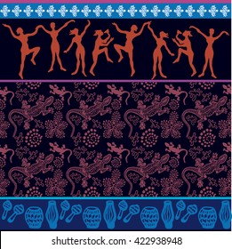 Dancers. Stylized cave art painting. Set of seamless bohemian borders with aboriginal motifs. Dancing people, musical instruments, seamless pattern with lizards. Ethnic textile collection.