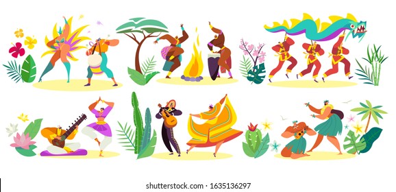 Dancers in traditional costumes of different cultures, vector illustration. People dancing, man and woman in ethnic clothes, holiday celebration festival in different countries. National dance set