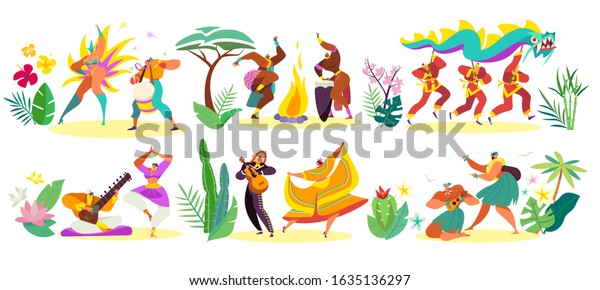 Dancers in traditional costumes of different\
cultures, vector illustration. People dancing, man and woman in\
ethnic clothes, holiday celebration festival in different\
countries. National dance\
set