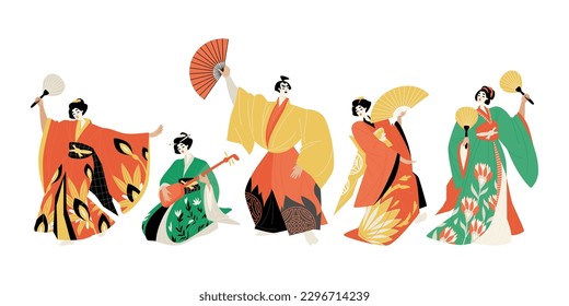 Dancers in traditional Japanese clothes dancing with fans and a woman playing a musical instrument. Isolated characters in flat style svg