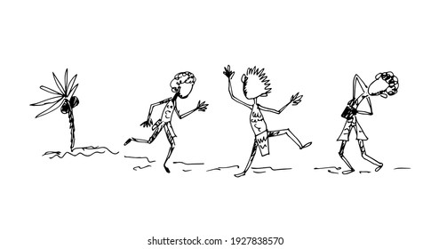 Dancing aborigines under a palm tree. Vector illustration, sketch.