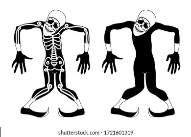 Dancing actor in skeleton costume & skull mask. The day of the dead & halloween holiday. Vector illustration with black silhouette isolated on white background in cartoon, flat & hand drawn style.