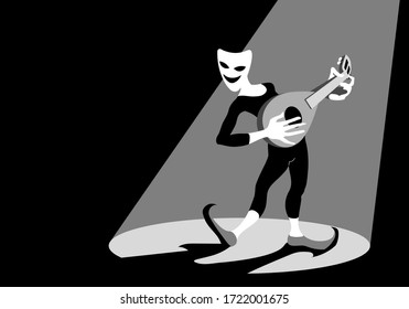 Dancing actor in tights on stage under a spotlight in a theatrical mask of comedy with lute or mandolin. Vector illustration with white & gray on a black background in cartoon, flat, hand drawn style.