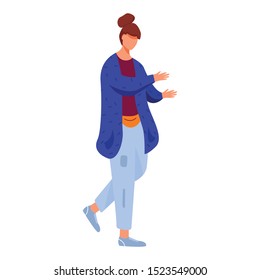 Dancing adolescent girl flat vector illustration. Teenager lifestyle. Young walking brunette caucasian woman in casual clothes and hairstyle isolated cartoon character on white background