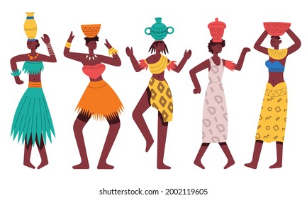 Dancing African aboriginal women. Female African characters dancing tribal dance isolated cartoon vector illustration. African black tribal women dancers. Africa ethnic dancing with hold jug on head