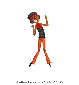 Dancing african american girl character, female dancer moving body at music party, woman in 1980s style clothes dancing disco vector Illustration