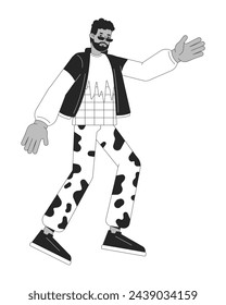 Personaje de dibujos animados de línea 2D de hombre afroamericano bailando en blanco y negro. Fiesta disco divertida. Persona aislada del contorno del vector del tipo negro elegante. 80s años ropa monocromática plana ilustración de punto