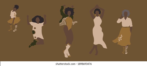 Dancing African American Women Of Different Ages With Botanical Elements. Child, Young Girl, Young, Elderly Woman. Trendy Minimalistic Feminist Vector Illustration Of Black Women. Ladies Silhouettes.