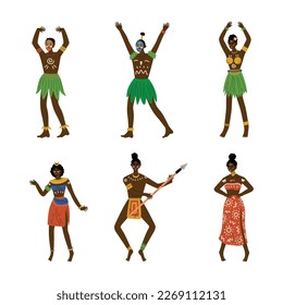 Dancing African people set. Aboriginal dancers in bright traditional ethnic clothing cartoon vector illustration