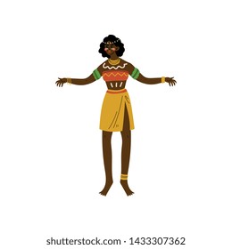 Dancing African Woman, Aboriginal Girl Dressed in Bright Traditional Tribal Clothing and Ethnic Jewelry Vector Illustration