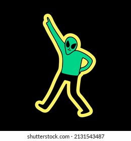 Dancing alien, illustration for t-shirt, sticker, or apparel merchandise. With doodle, retro, and cartoon style.