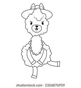 Dancing alpaca in black contour lines coloring page