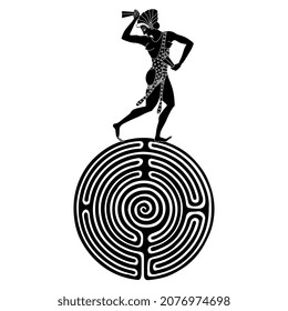 Dancing ancient Greek girl on top of a round spiral maze or labyrinth symbol. Creative concept. Black and white silhouette.