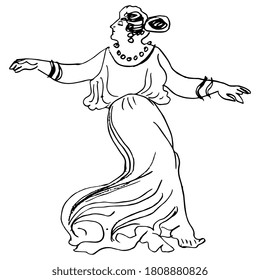 Dancing ancient Greek lady. Hand drawn linear doodle sketch. Black silhouette on white background.