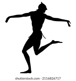 Dancing ancient Greek man. Black silhouette on white background.