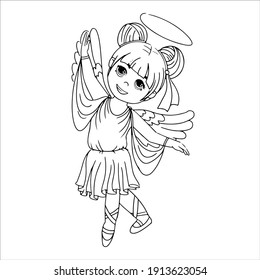 Dancing angel girl. Wings and halo. Child dressed as an angel. Coloring book Simple drawing in pastel colors. Vector illustration drawn in cartoon style isolated on white background