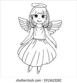 Dancing angel girl. Wings and halo. Child dressed as an angel. Coloring book Simple drawing in pastel colors. Vector illustration drawn in cartoon style isolated on white background