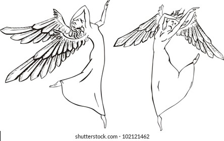 Dancing angels. Black and white vector illustration